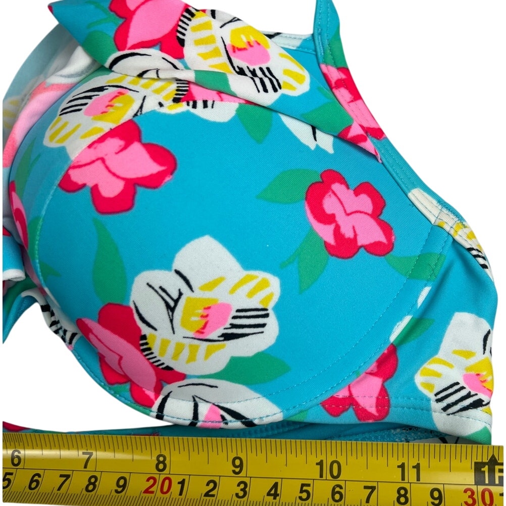Aerie Floral Blue Pink Ruffled Halter Bikini Top Adjustable 34C