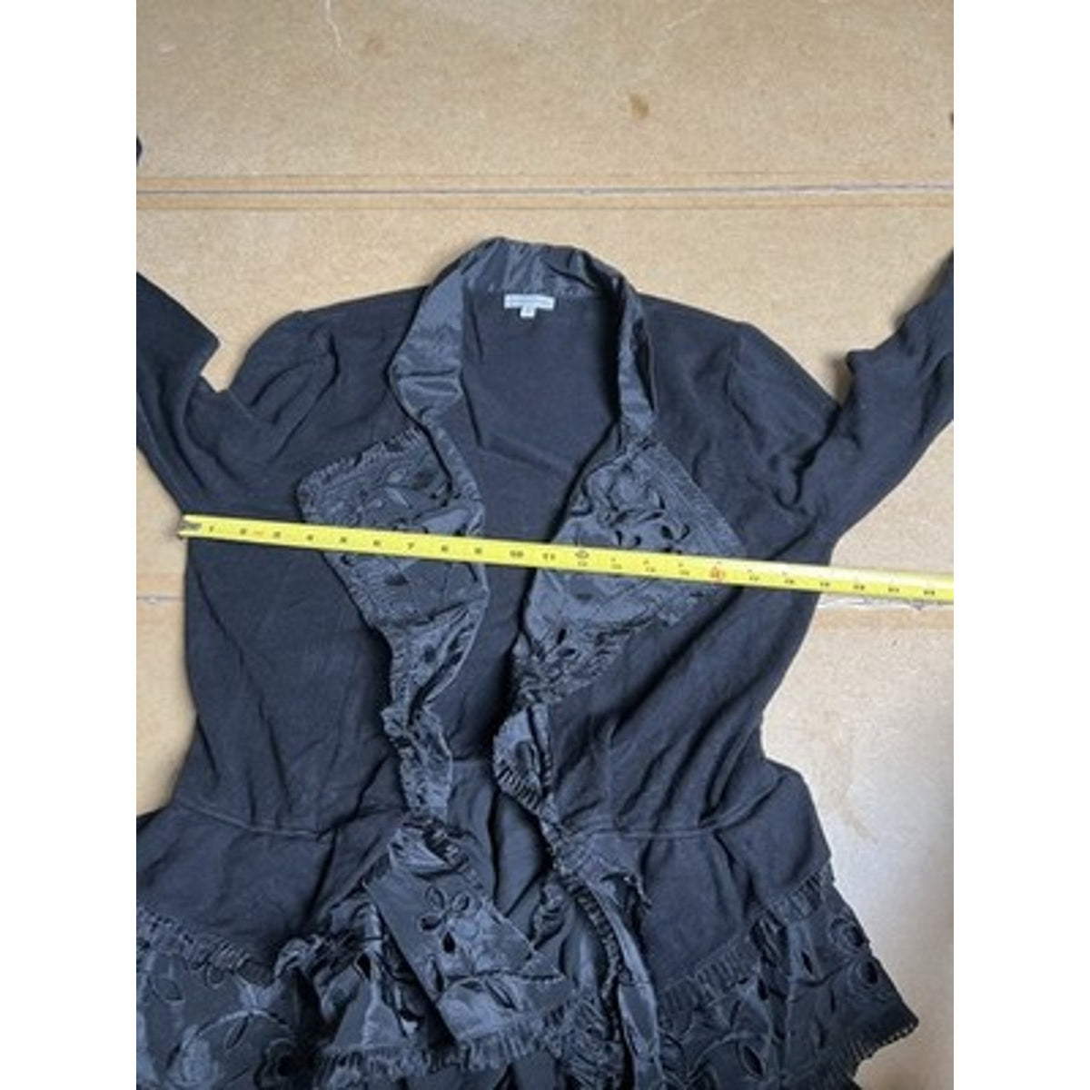 Boston Proper Cardigan Womens L Black Ruffle Embroidered Lightweight Knit