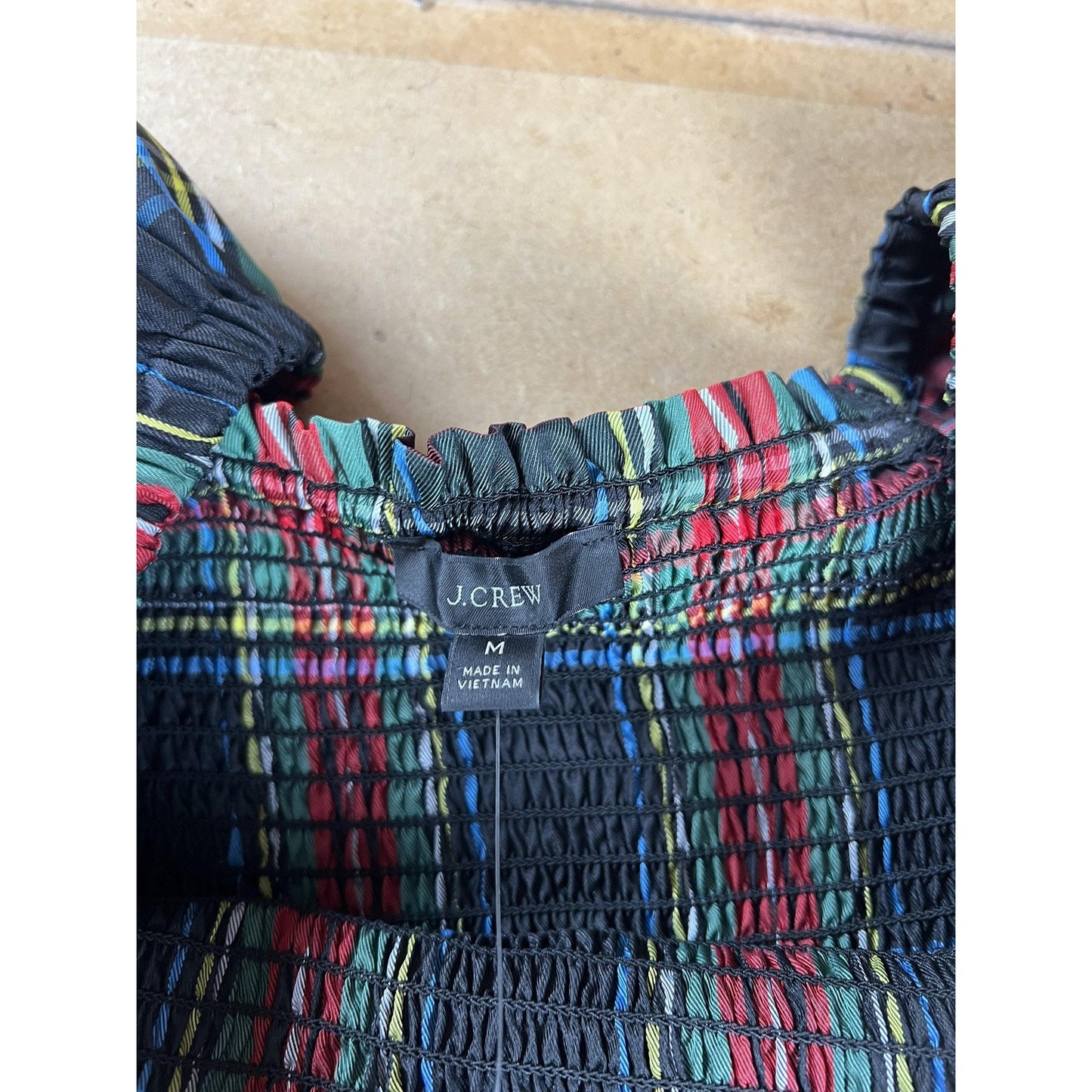 J.CREW Blouse Womens M Multicolor Cropped Off The Shoulder Balloon Sleeve Plaid