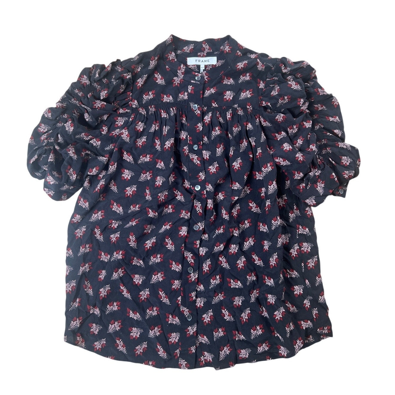 Frame Black Silk Floral 100% Silk Ruched Short Sleeve Blouse Top Size Small