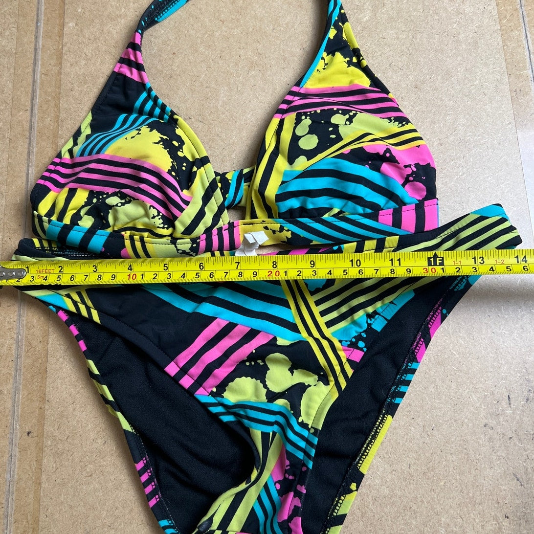 Surfside Black/Muticolor stripes and Splats Swimsuit Set Women Size Medium