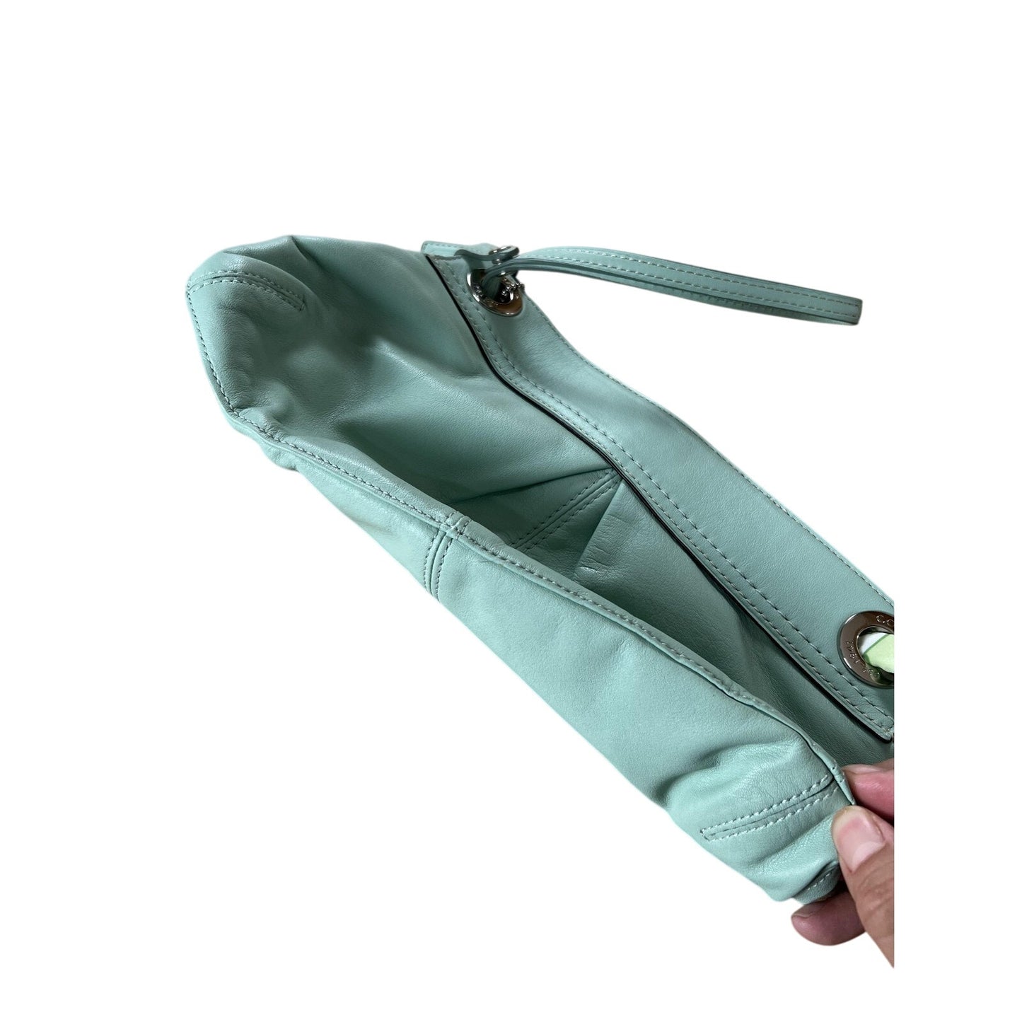 Coach Clutch Bag Womens Small Green Leather Magnetic Grommet Inner Pockets
