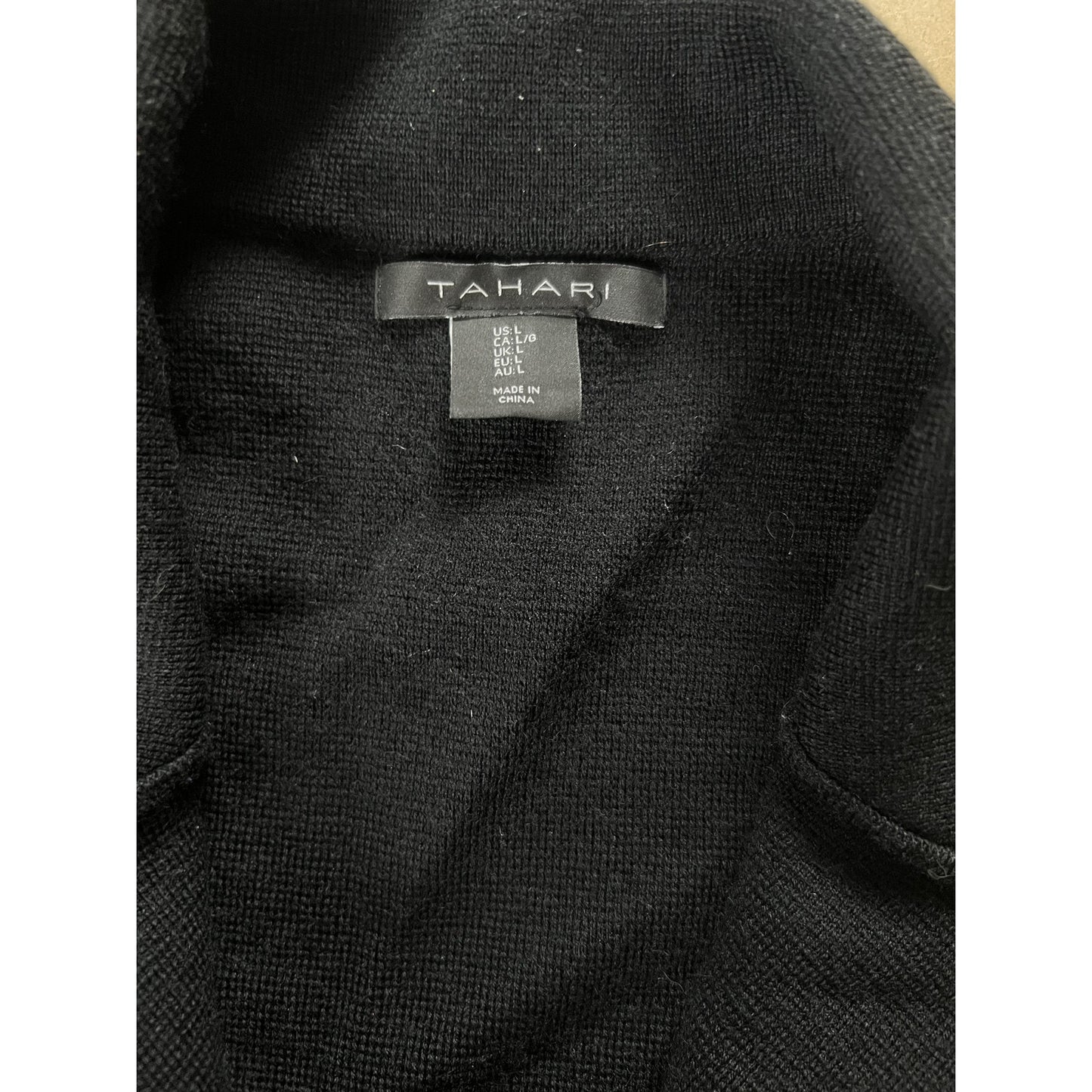 Tahari Cardigan Womens L Black Collared Open Pockets Knit Relaxed Tight-Knit
