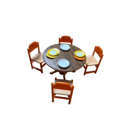 VINTAGE Doll House TOMY1970's Dining Room Furniture Table & 4 Orange Chairs
