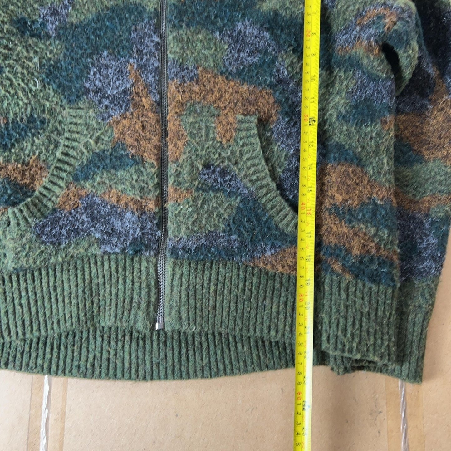Sweater Womens L Green Hooded Full Zip Camouflage Chunky-Knit Pockets Relaxed