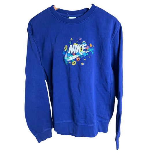 Nike Blue Floral Swoosh Embroidered Crewneck Pullover Size Small