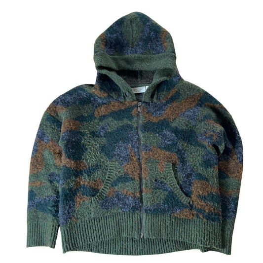 Sweater Womens L Green Hooded Full Zip Camouflage Chunky-Knit Pockets Relaxed
