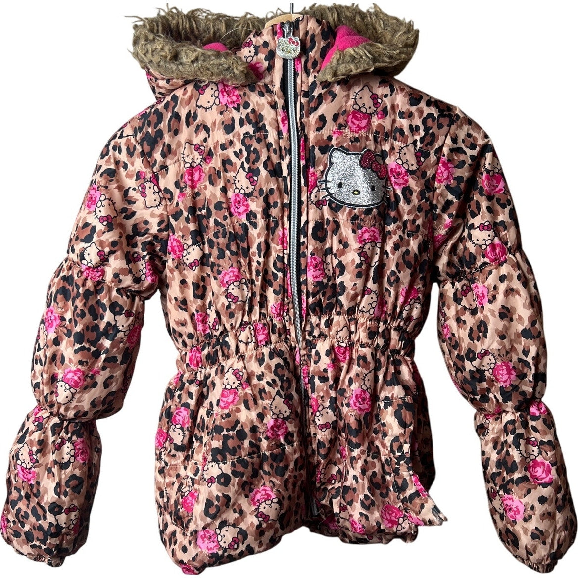 Hello Kitty Cheetah Winter Fleece Lined Hooded Puffer Size 10 Ripped Pocket