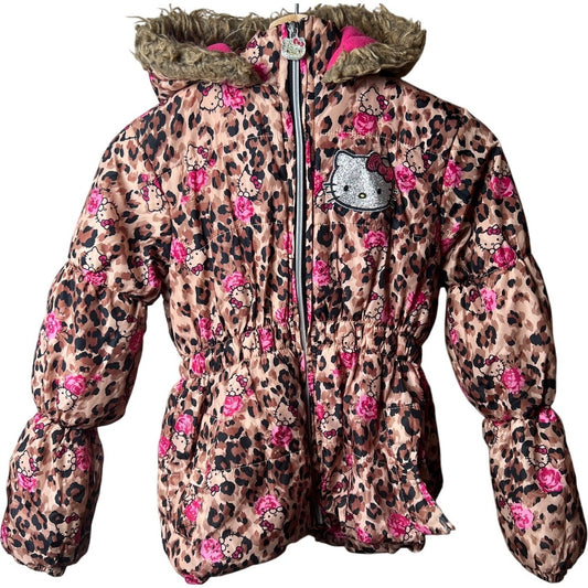 Hello Kitty Cheetah Winter Fleece Lined Hooded Puffer Size 10 Ripped Pocket