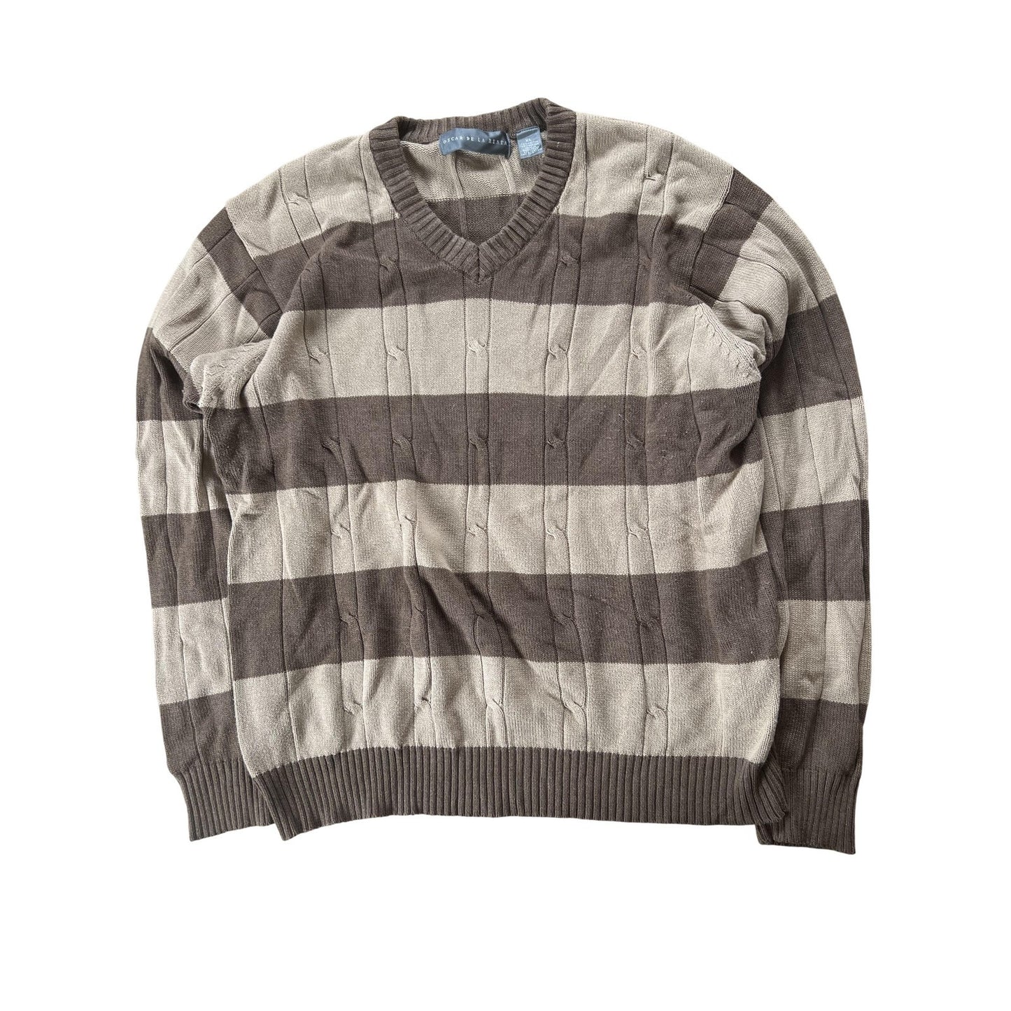 Oscar De La Renta Sweater Mens XL Brown Striped V-Neck Pullover Cotton Knit