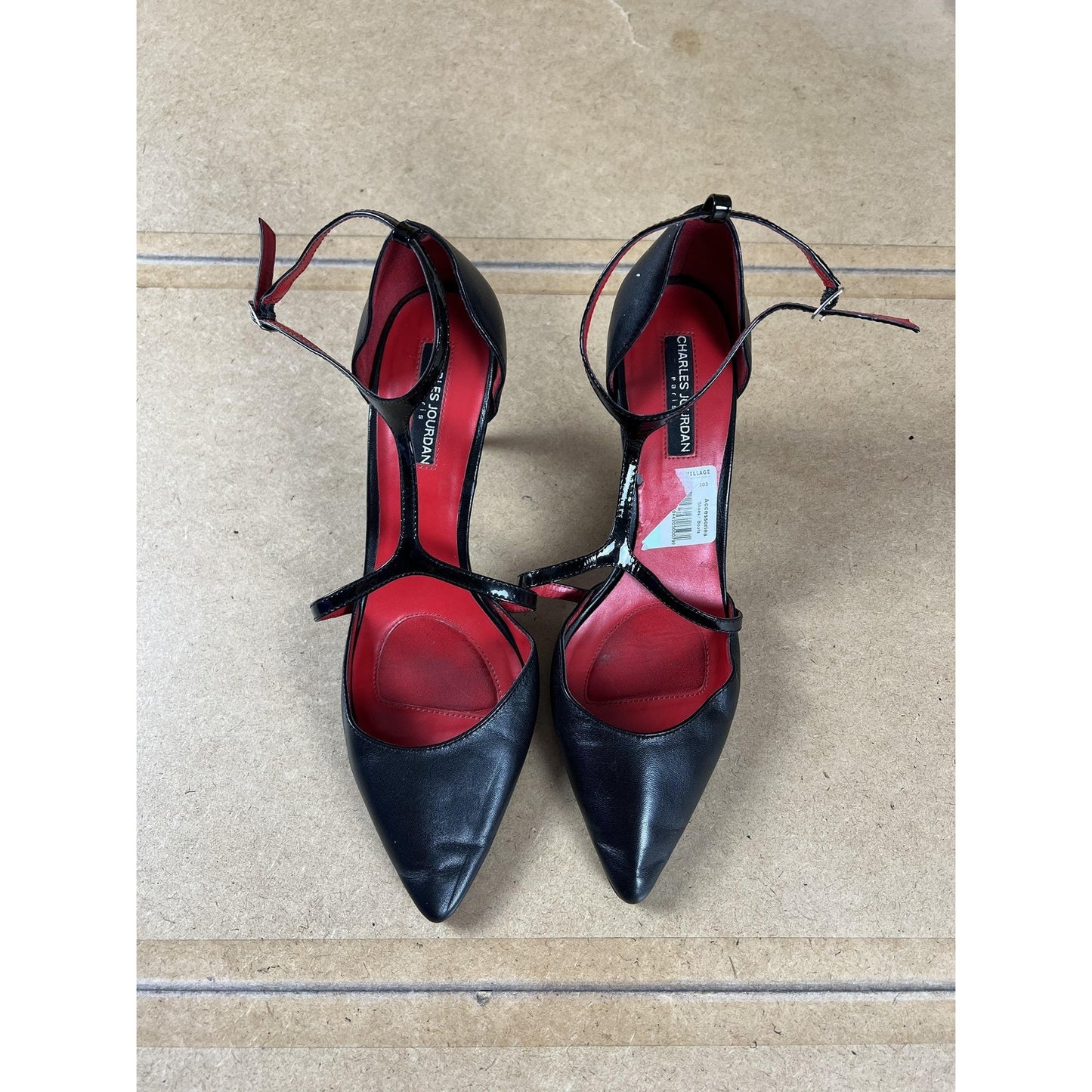 Charles Jourdan Shoes Womens 10 Black Leather Patent Pump Ankle Strap Stiletto