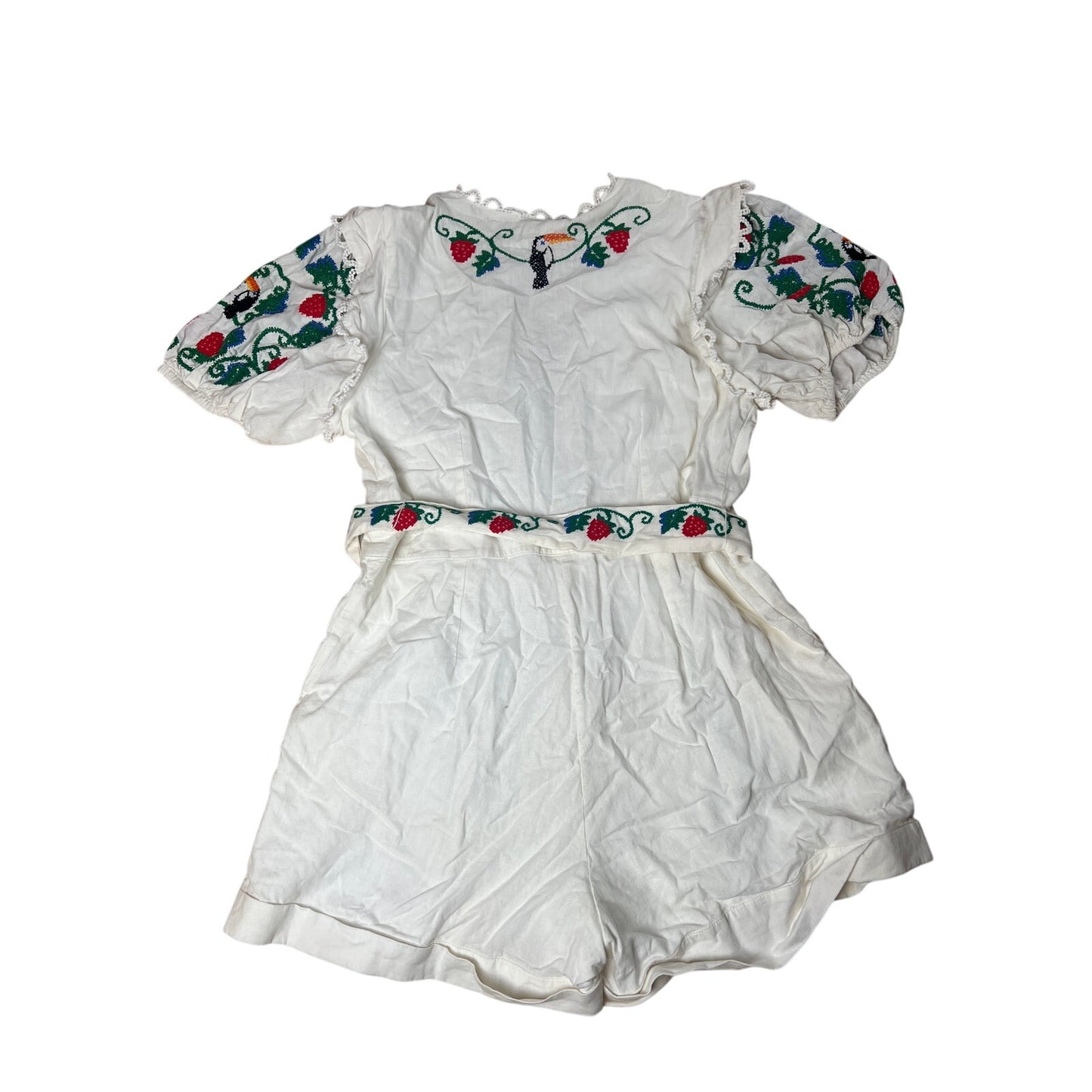Farm Rio Cross Stitch Tucan Embroidery Romper Women Size Large