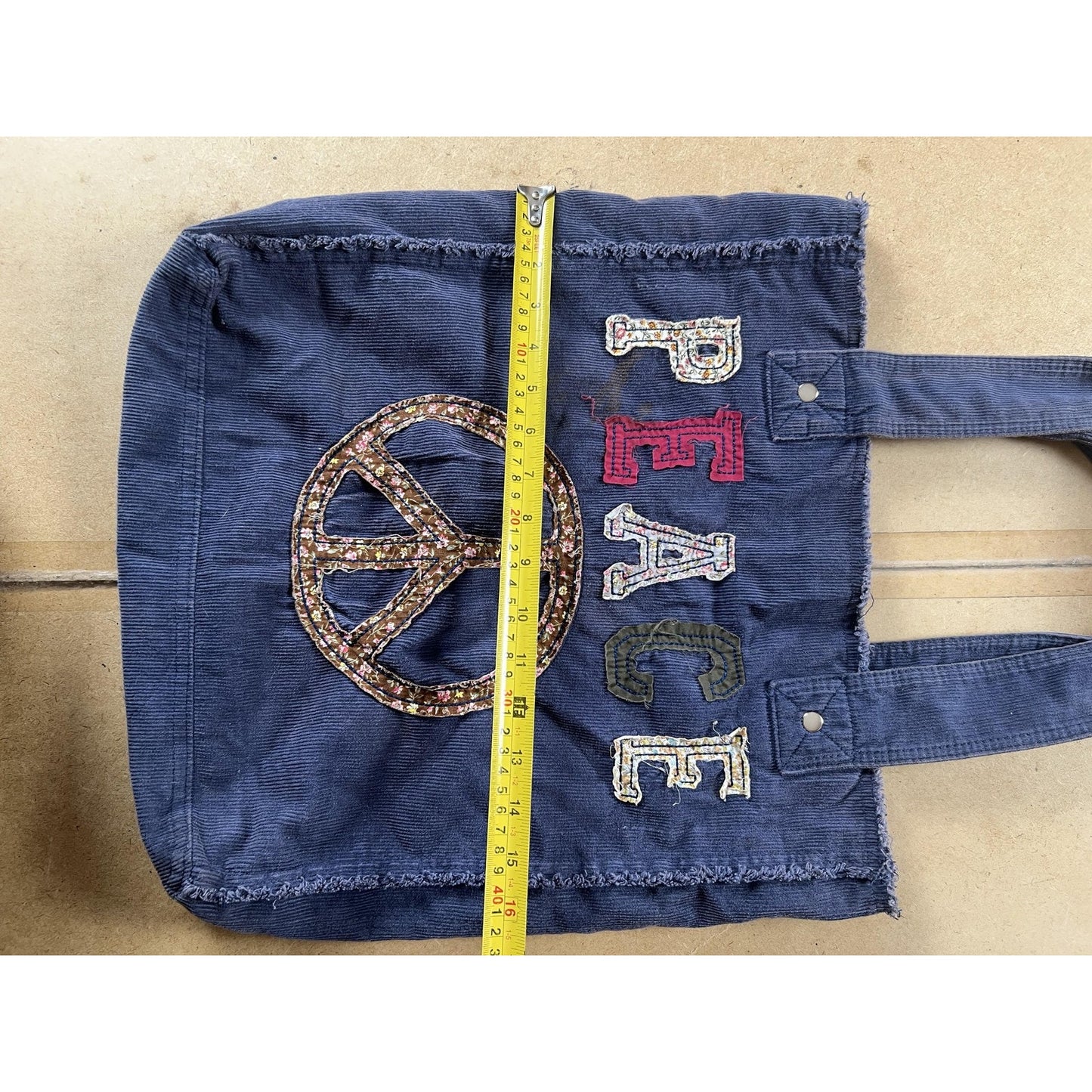 Tote Bag Womens Large Blue Corduroy Peace Sign Floral Applique Hippie Boho