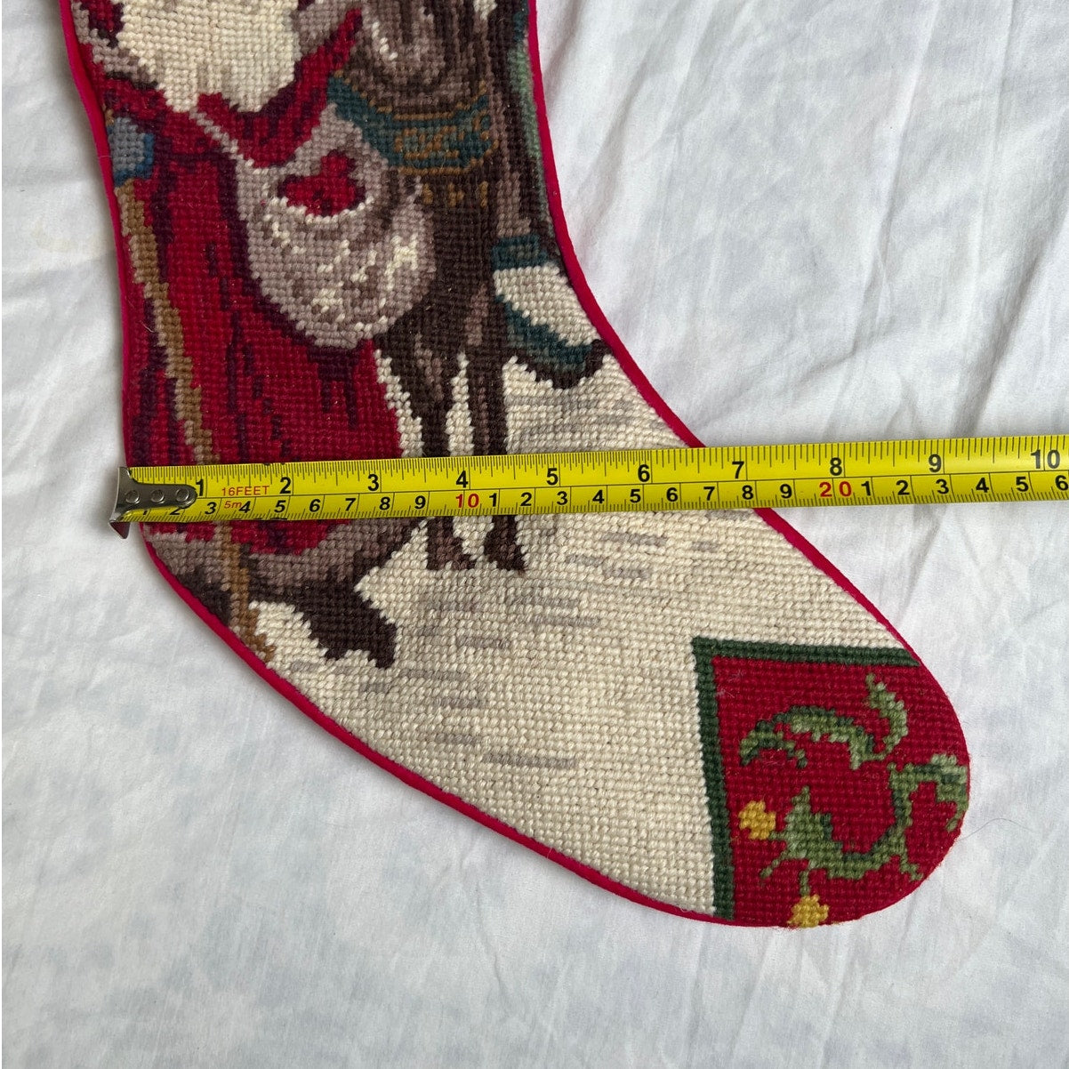Vintage Wool Needlepoint Christmas Stocking 20” Olde Santa With Reindeer Fully Line
