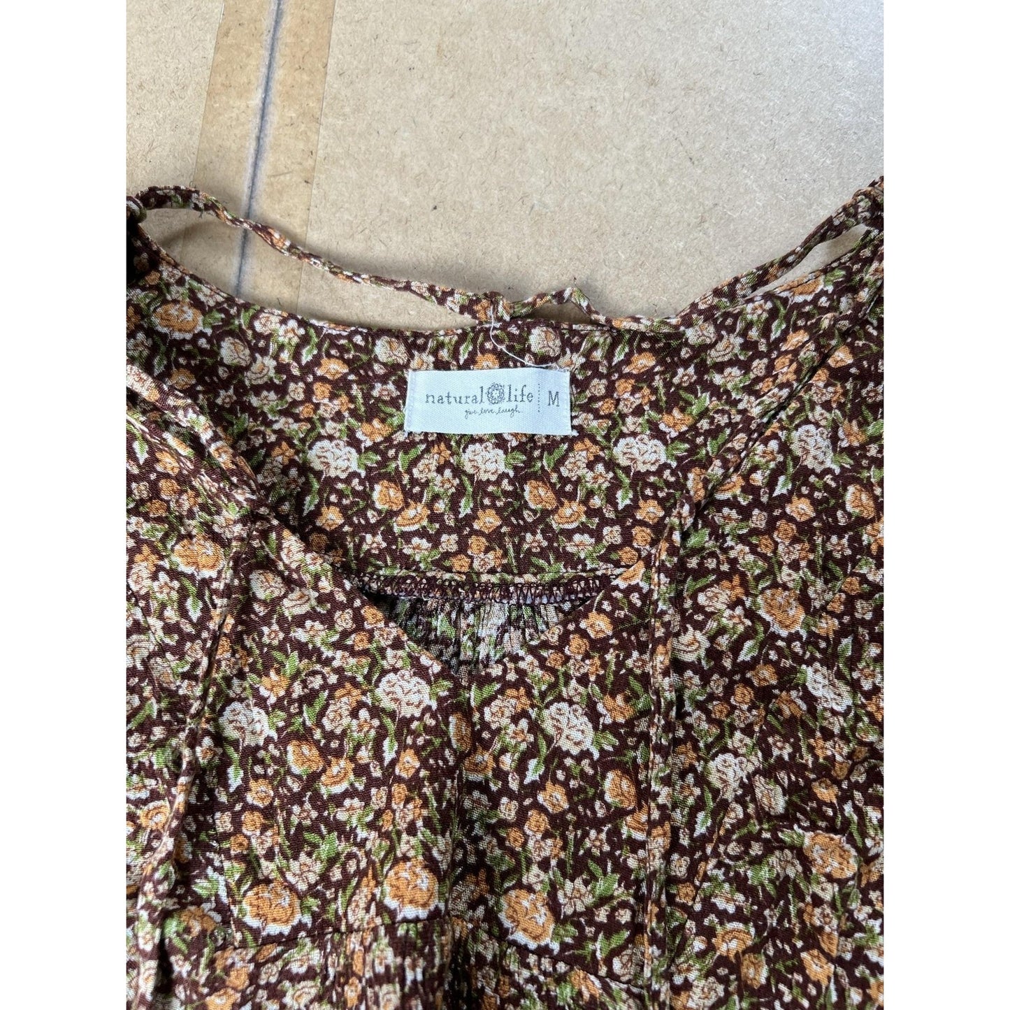 Natural Life Blouse Womens M Brown Tunic Floral Rayon Puff Sleeve Casual