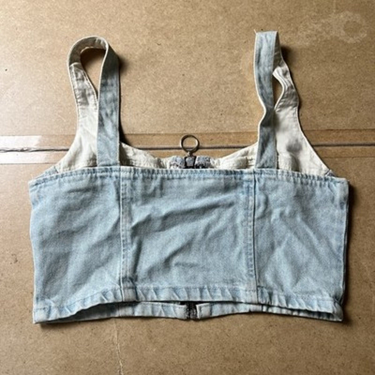 Topshop Tank Womens 8 Blue Denim Cropped Sweetheart Zip Front Bustier Moto