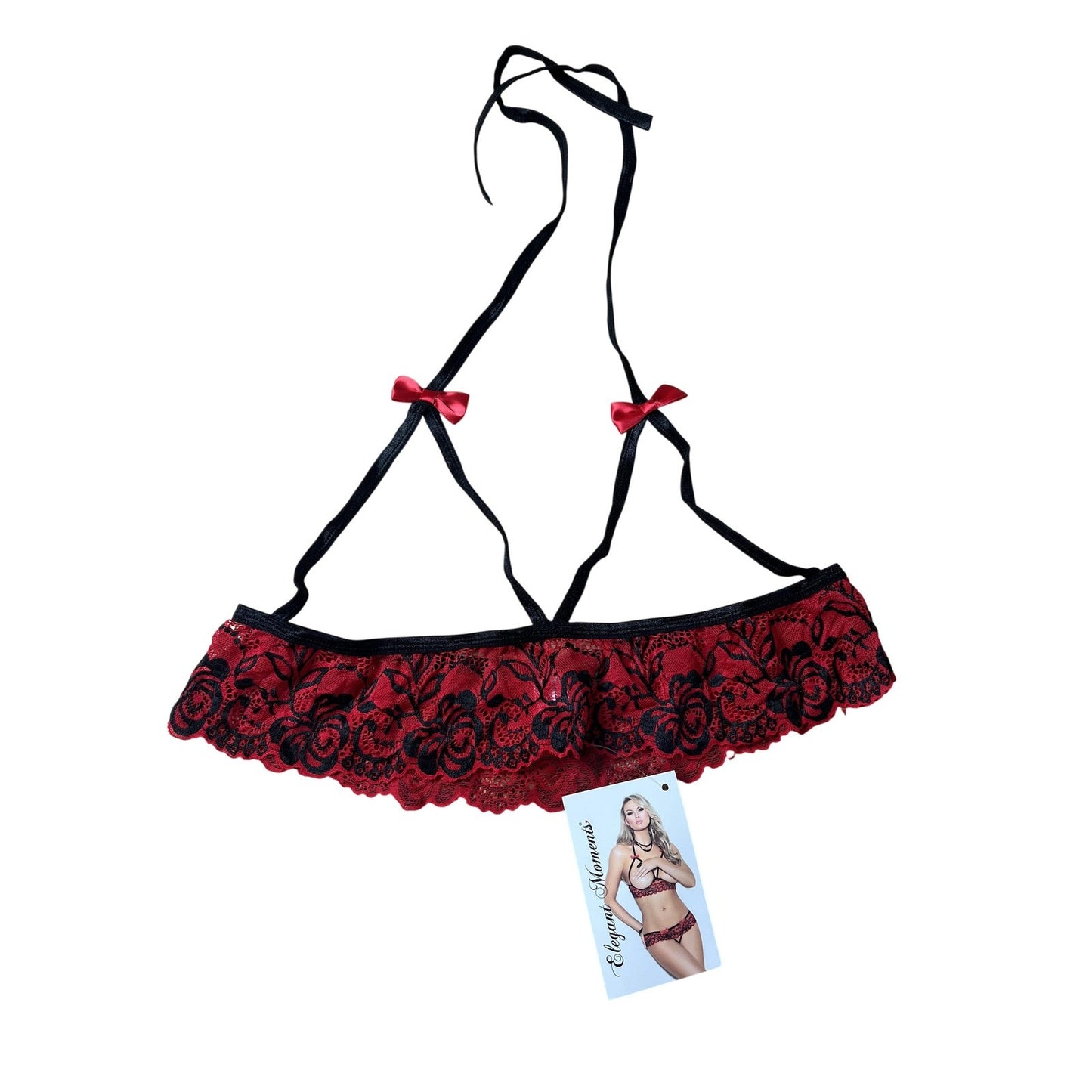 Elegant Moments Top Womens Queen Size Red Halter Sheer Lace Bow Ruffle