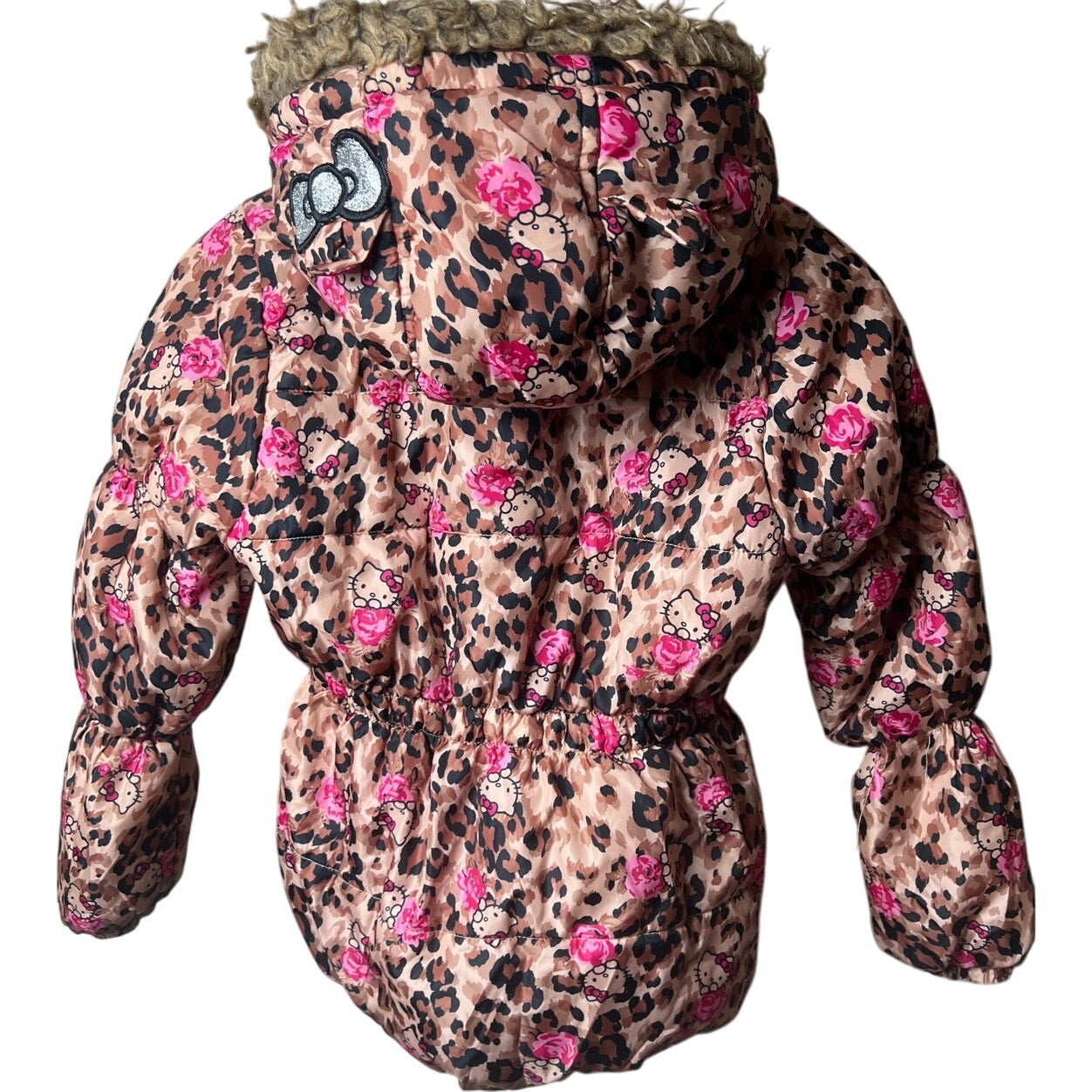 Hello Kitty Cheetah Winter Fleece Lined Hooded Puffer Size 10 Ripped Pocket