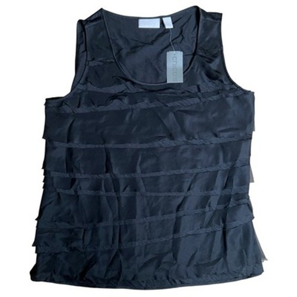 Chico's Tank Womens 2 Black Romanced Ruffle Roxie Woven Scoop Neck Sleeveless