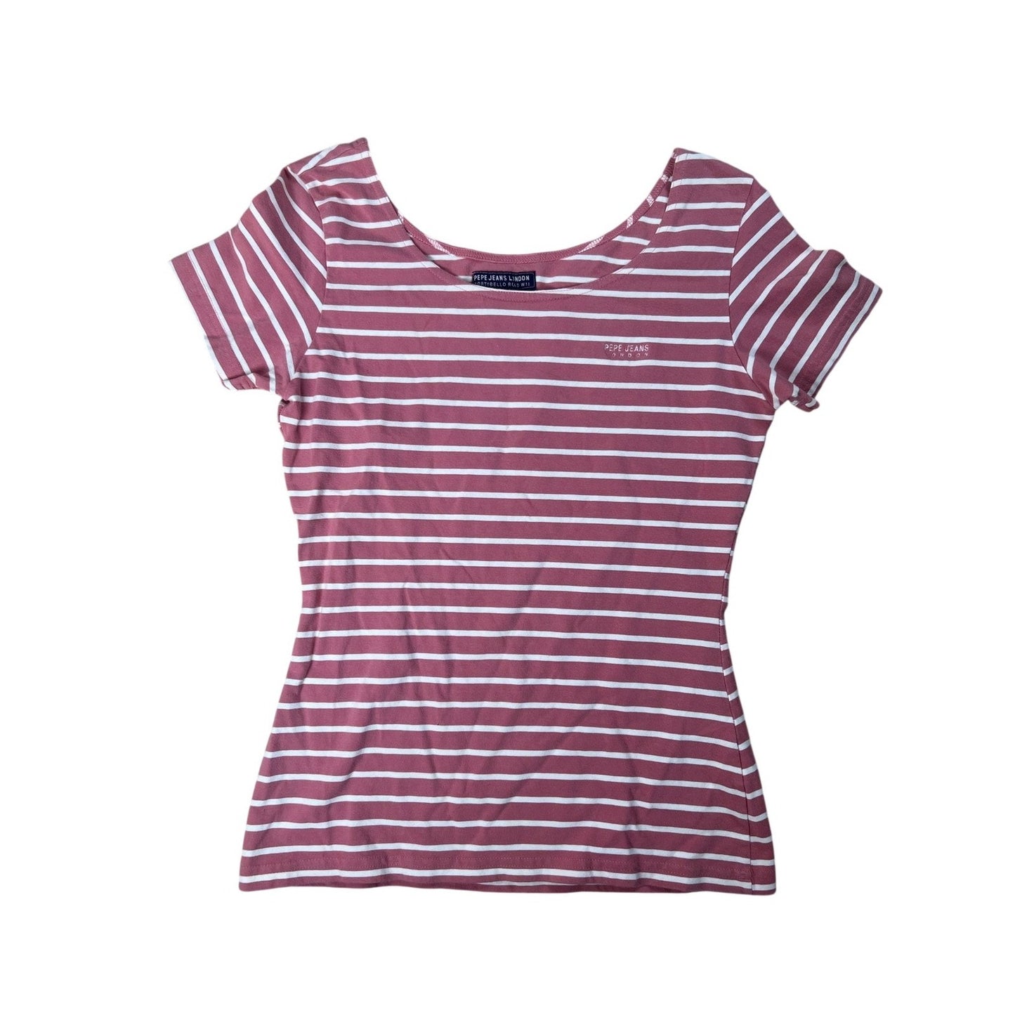 Pepe Jeans London T-Shirt Womens M Pink Scoop Neck Striped Embroidered Slim