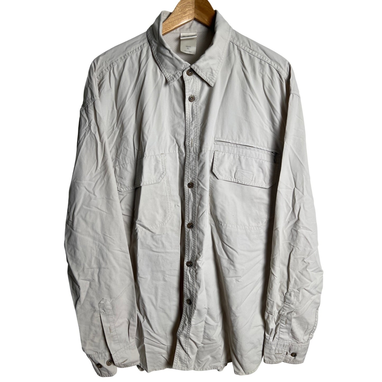 REI Shirt Men's XL Light Cream Button Up Vented Nylon Hiking