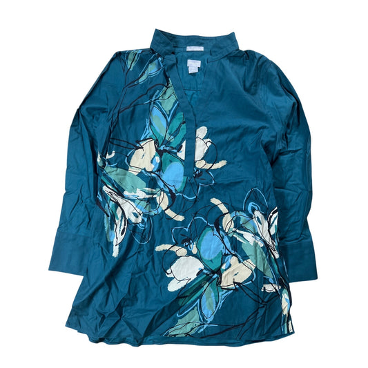 Chicos Size 15 No Iron Stretch Tunic Teal Green Floral Mandarin Long Sleeve