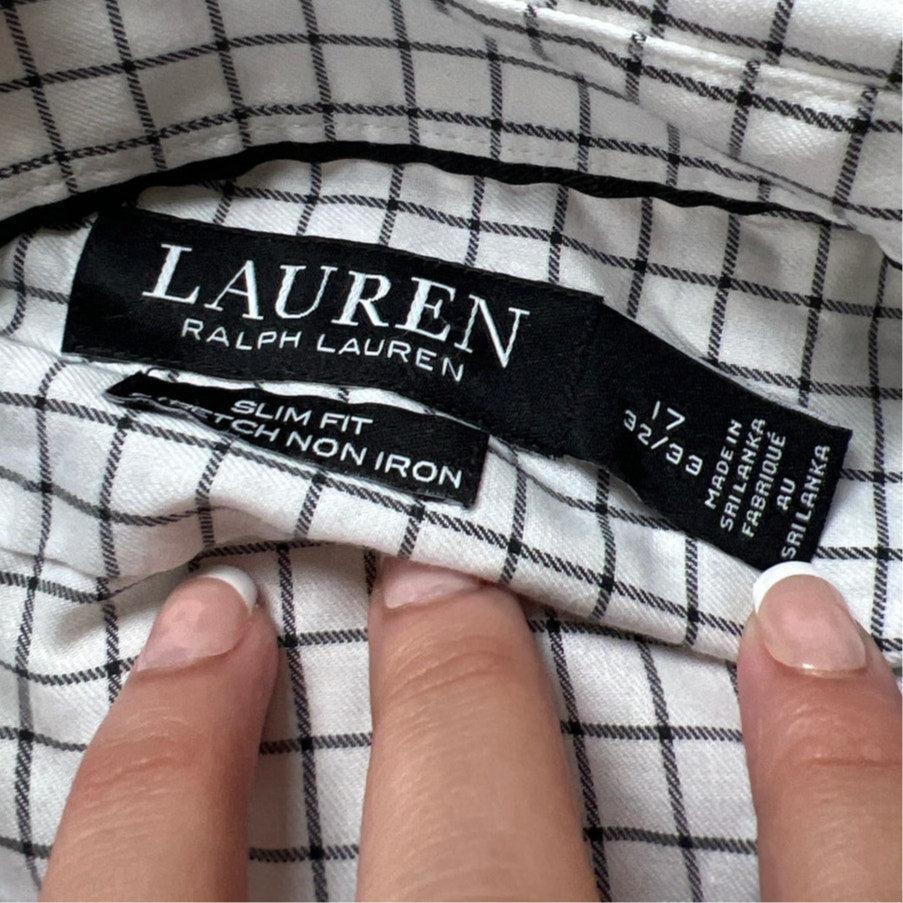 Lauren Ralph Lauren Slim Fit White/Black Checkered Button-Up Long Sleeve Size 17