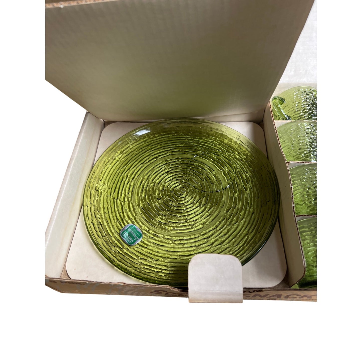 Vintage Anchor Hocking Soreno Avocado Green Glass Snack Set 4 Plates 4 Cups Cool