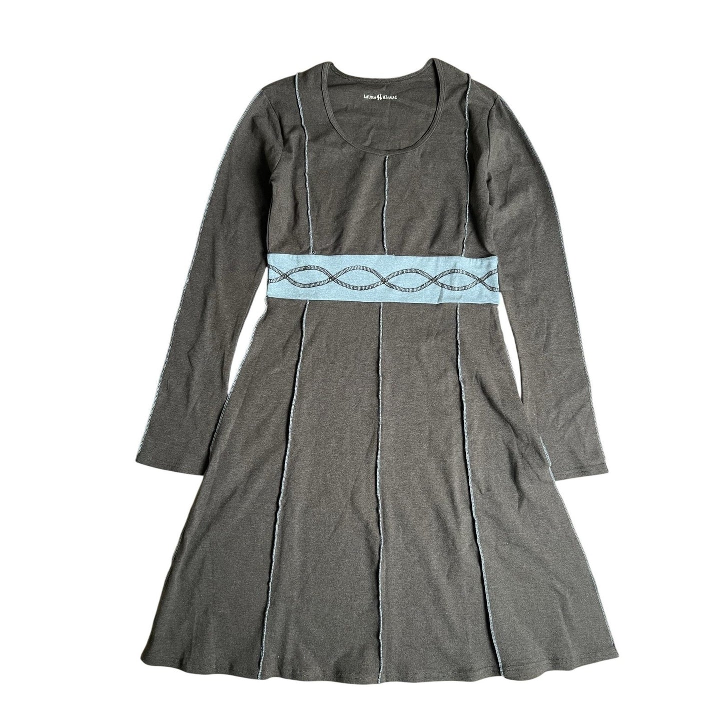Laura H Dress Womens L Gray Knee Length Fit & Flare Scoop Neck Long Sleeve