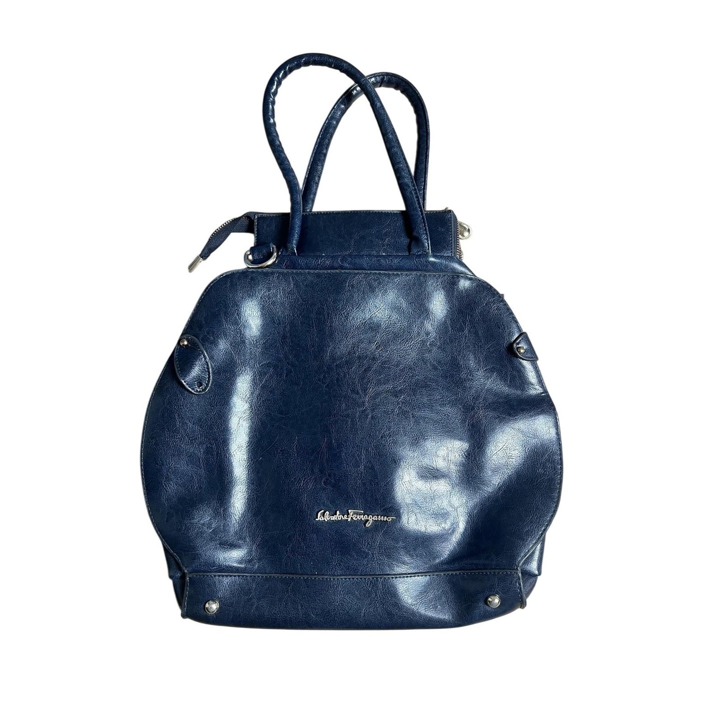 Salvatore Ferragamo Satchel Bag Womens Medium Navy Leather Silver Studs Zip