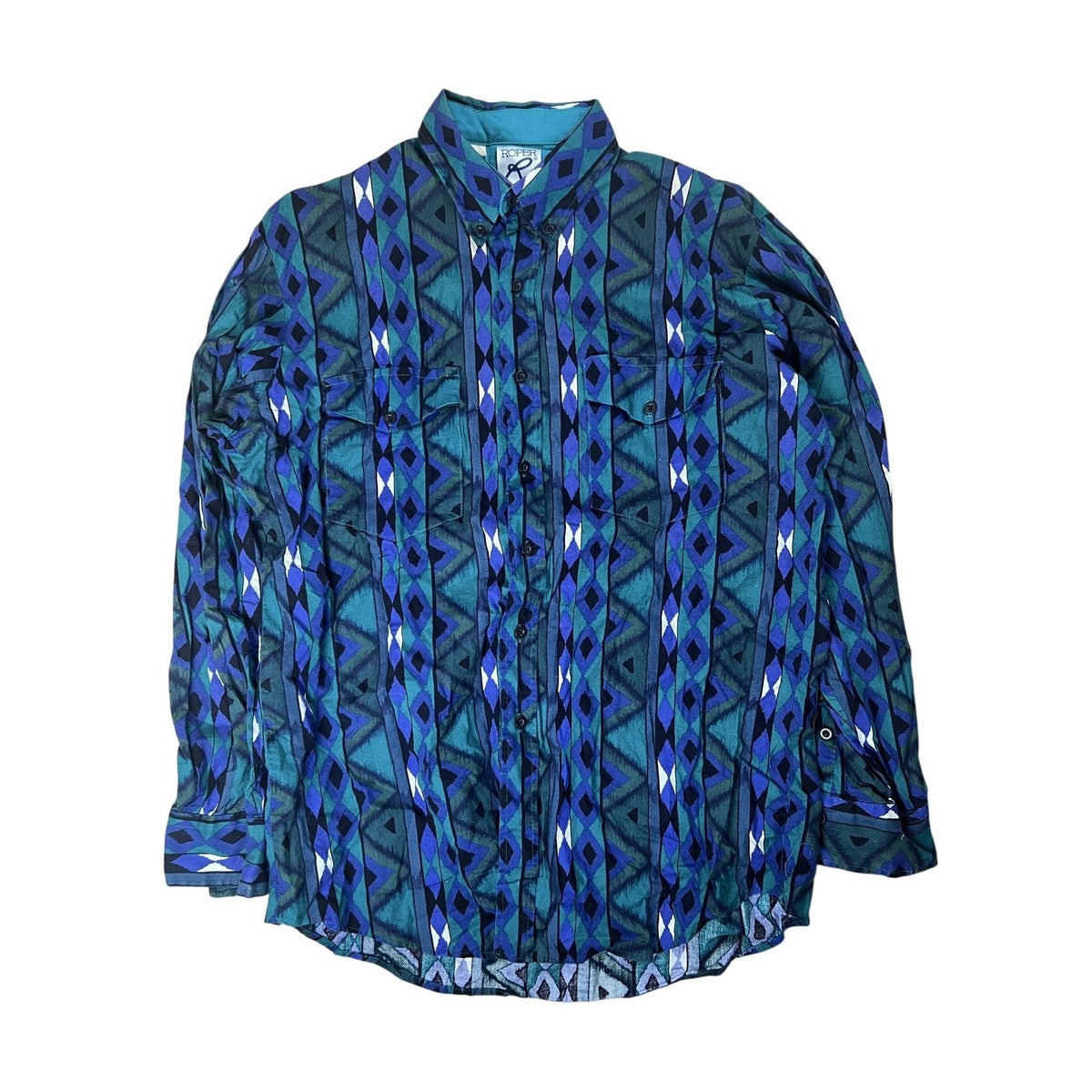 Roper Shirt Mens L Green Geometric Long Sleeve Button Up Lightweight Pocketed