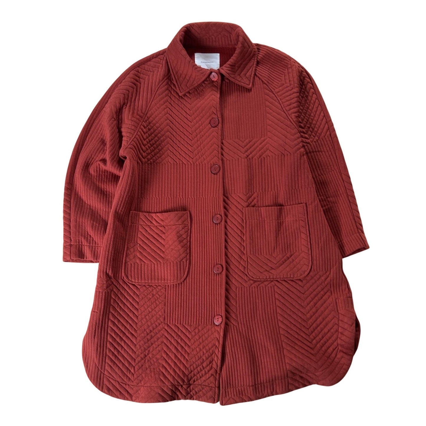 Tunic Button-Up Womens L Red Quilted Geometric Raglan Pocket Relaxed Stretch