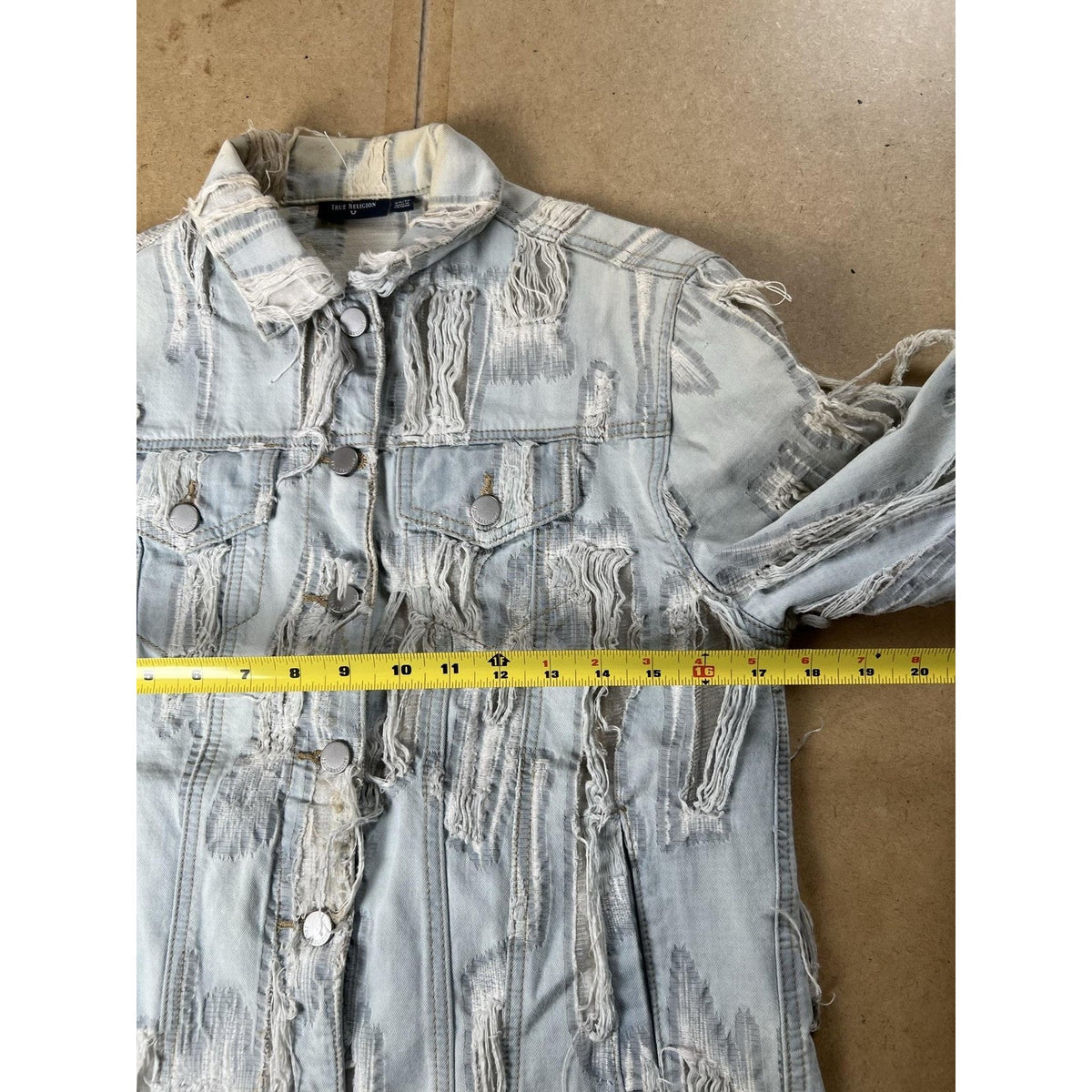 True Religion Jacket Womens XS Light Blue Distressed Fringe Denim Short Casual