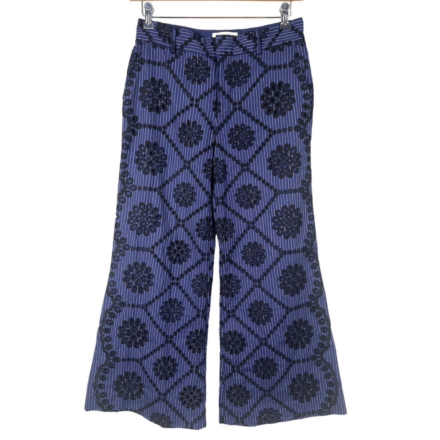 Ettitwa Anthropologie Navy Blue Pinstripe Black Embroidered Eyelet Pants Size 6