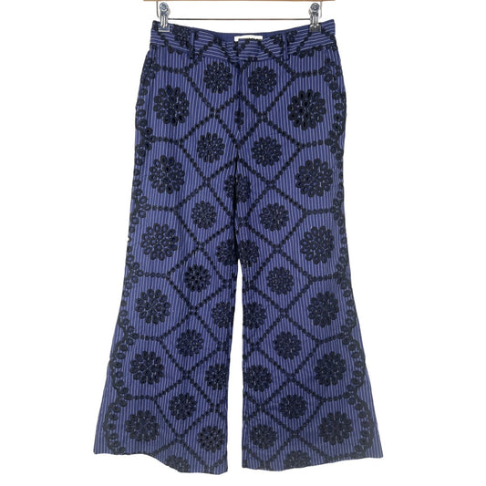 Ettitwa Anthropologie Navy Blue Pinstripe Black Embroidered Eyelet Pants Size 6