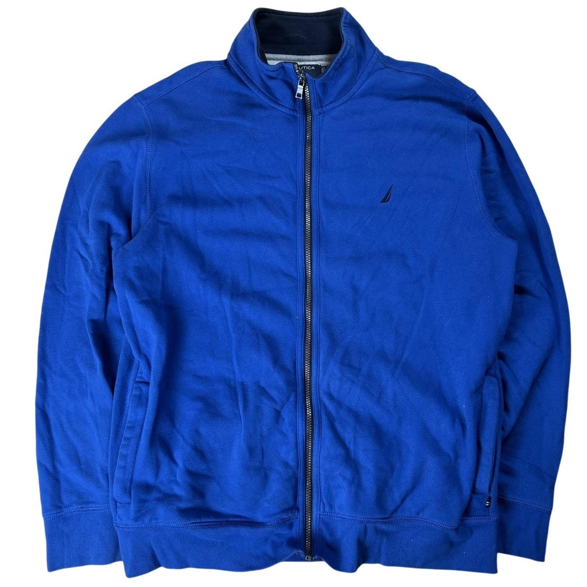 Nautica Sweater Mens XL Blue Full Zip Mock Neck Fleece Pockets Logo Casual