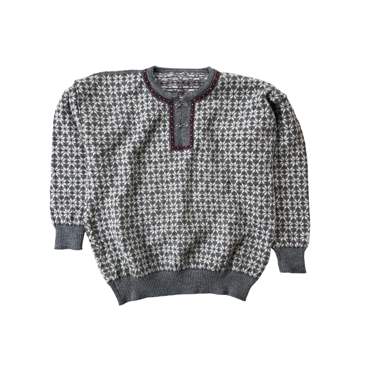 Sweater Mens L Gray Fair Isle Wool Pullover Collarless Button Heavyweight