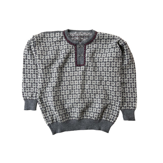 Sweater Mens L Gray Fair Isle Wool Pullover Collarless Button Heavyweight