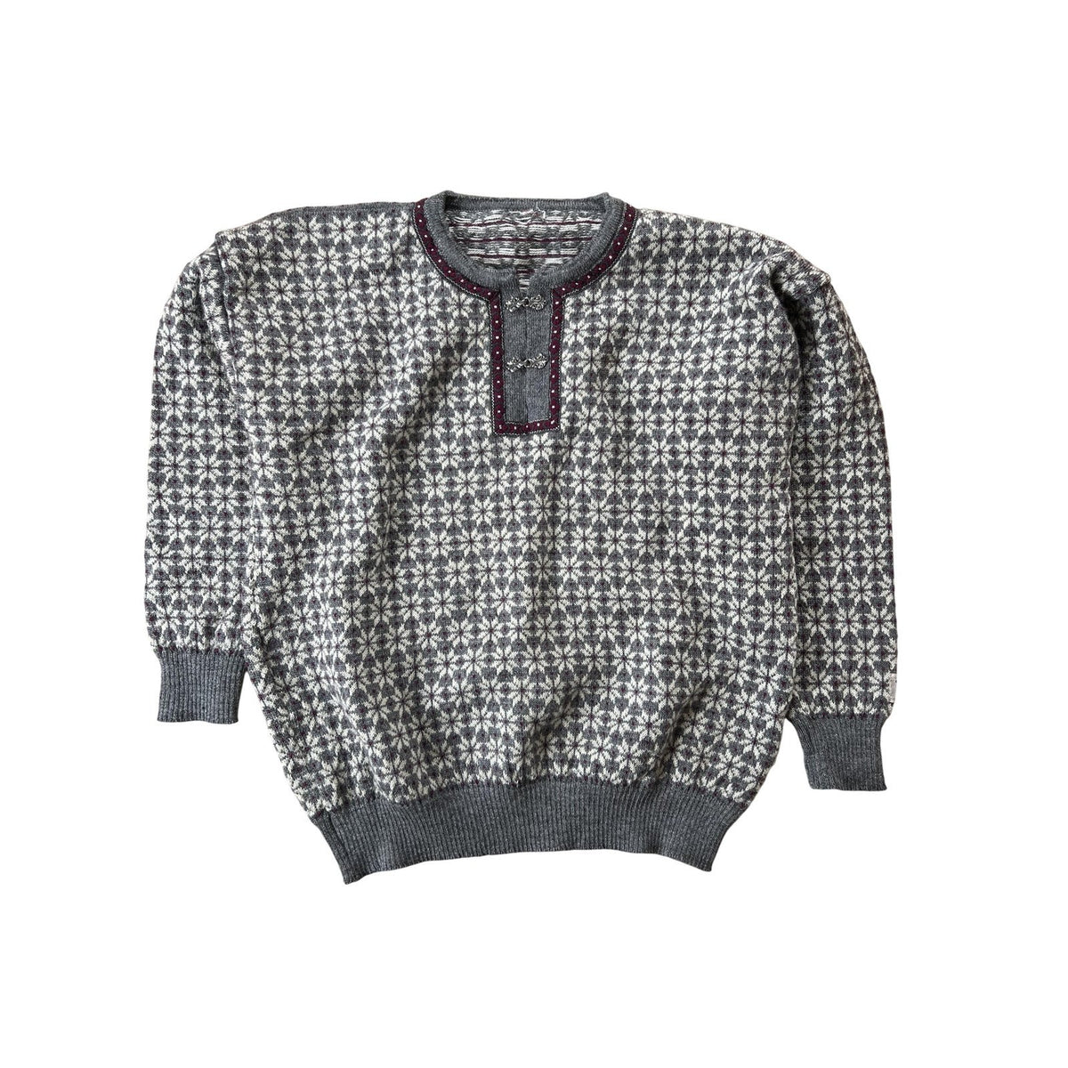 Sweater Mens L Gray Fair Isle Wool Pullover Collarless Button Heavyweight