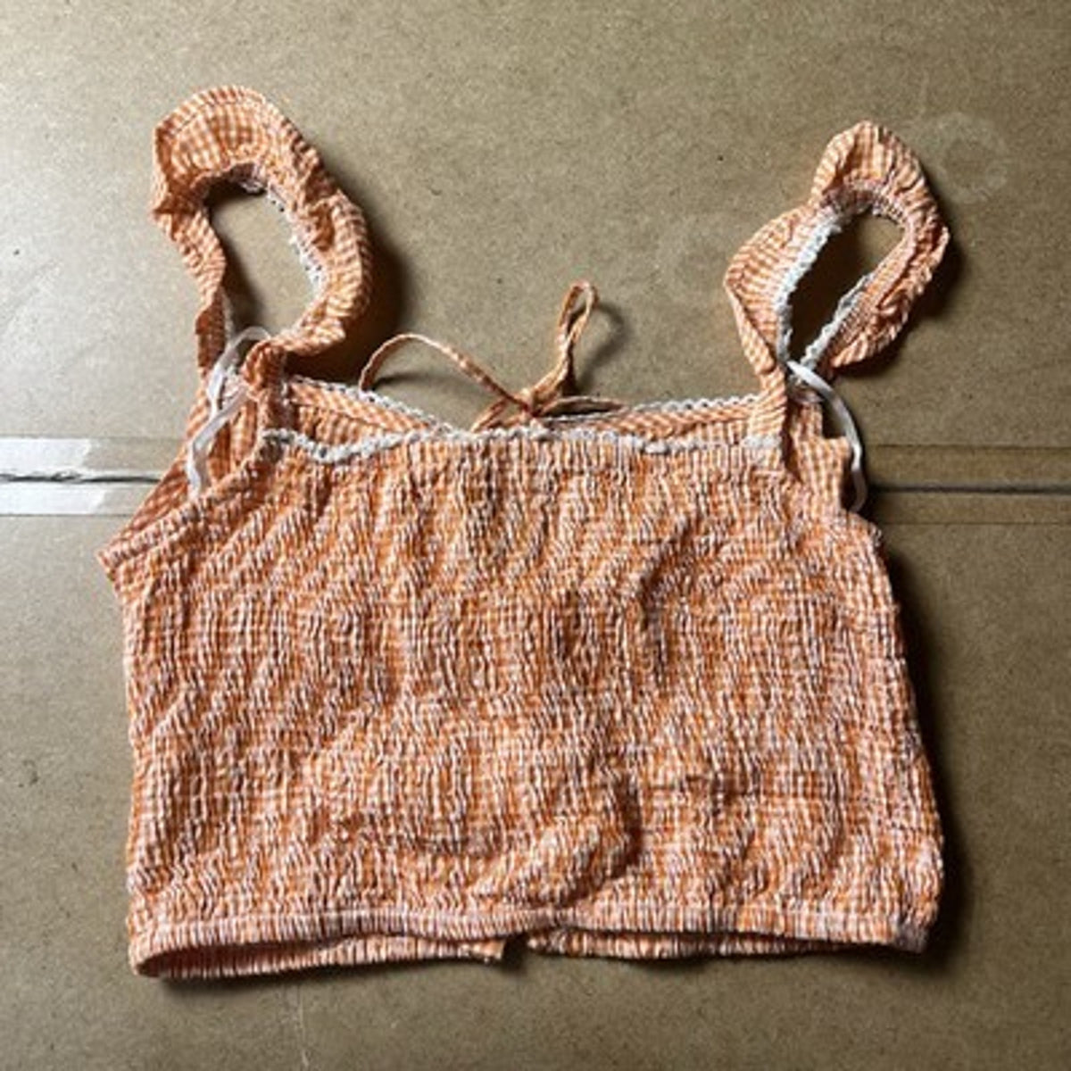 Sim & Sam Tank Womens L Orange Gingham Cropped Square Neck Button Stretch Straps