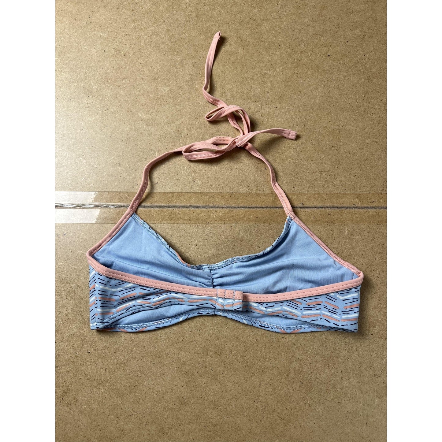 Aerie Swim Top Womens S Blue Striped Halter Bikini Lined Adjustable Peach Trim