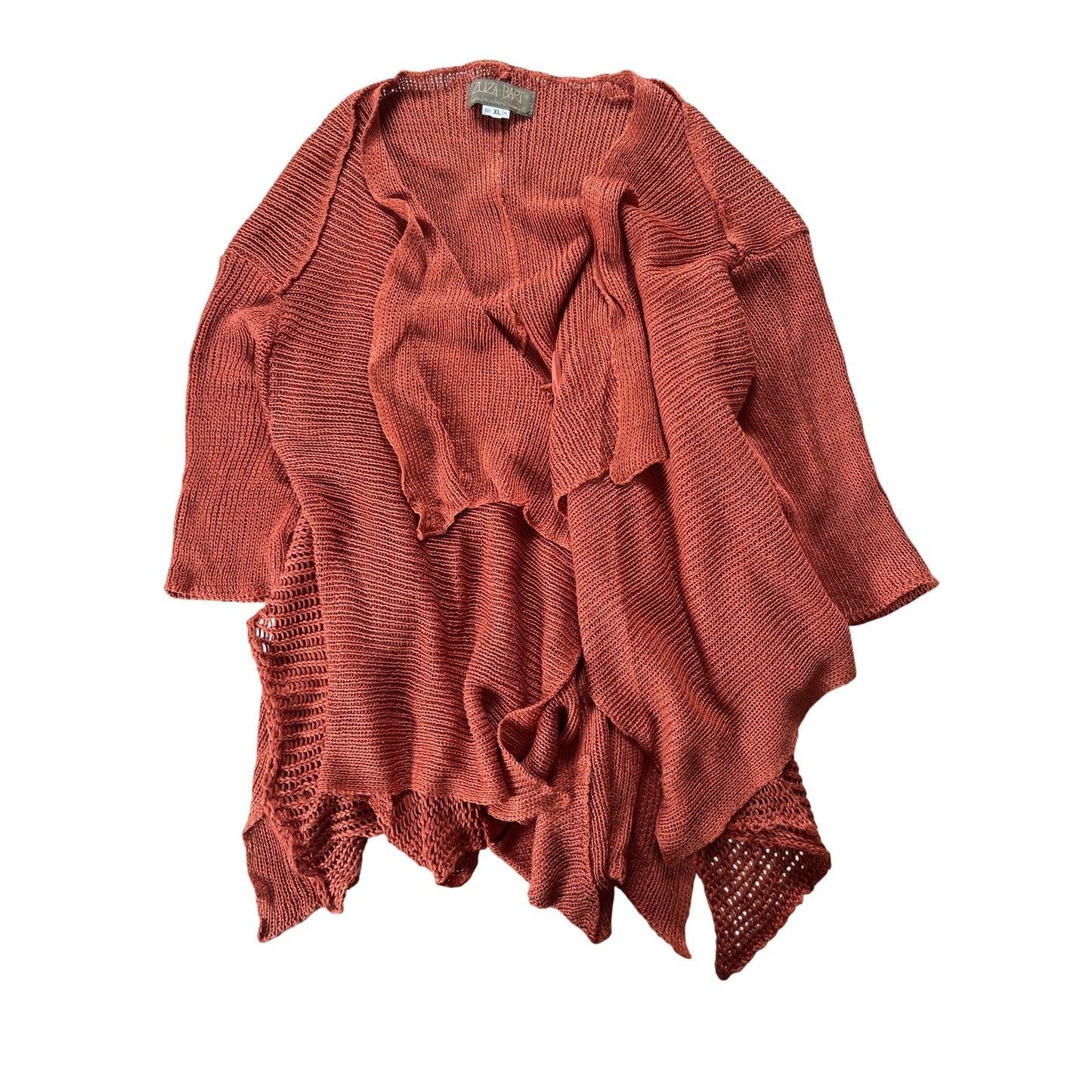 LUZA BART Cardigan Womens XL Orange Linen Open Knit Crochet Lightweight Relaxed