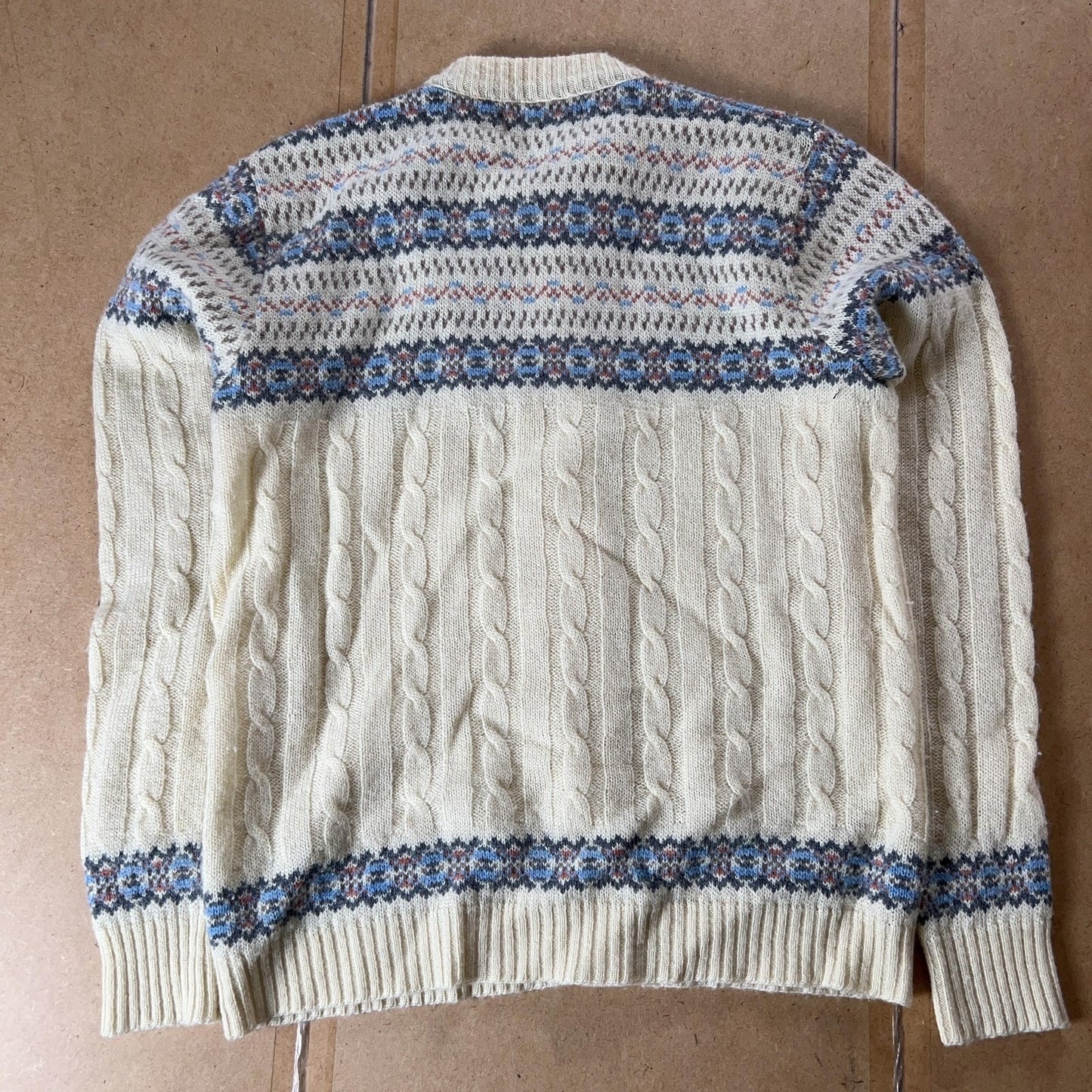 Winona Knits Cardigan Womens L White Cable-Knit Fair Isle Button USA Heavyweight