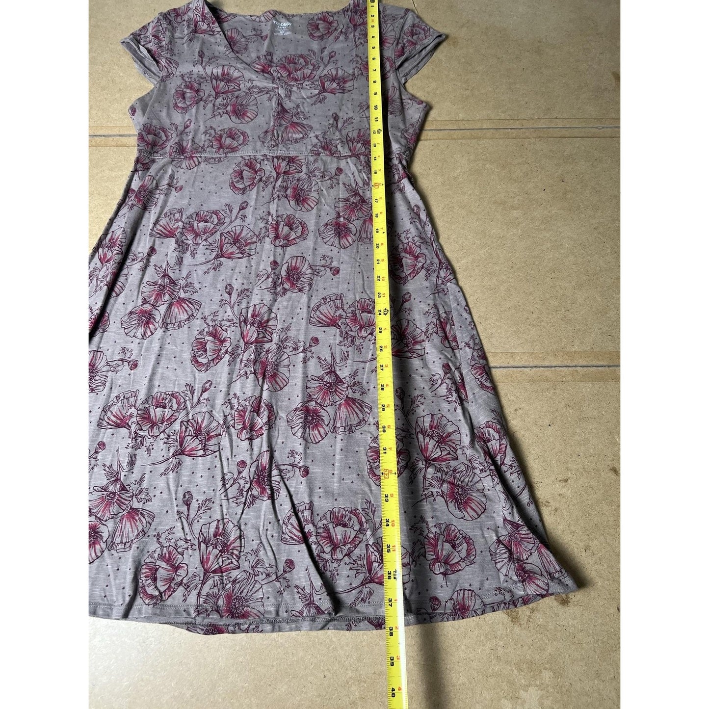 Toad&Co Dress Womens L Gray Floral Midi Fit & Flare V-Neck Empire Waist