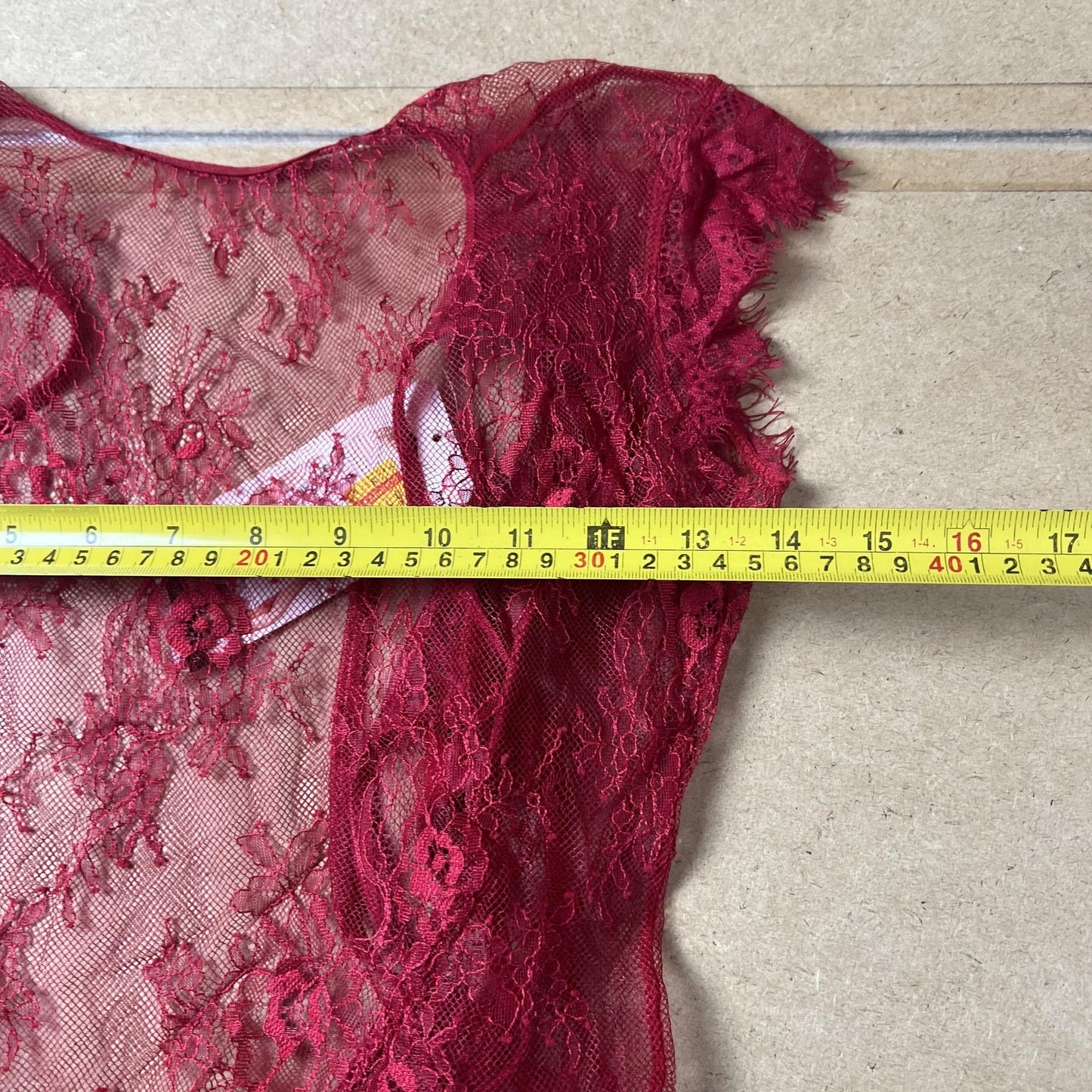 Shirley Chemise Womens S Red Lace Sheer Short Sleeve Scalloped Hem Sexy