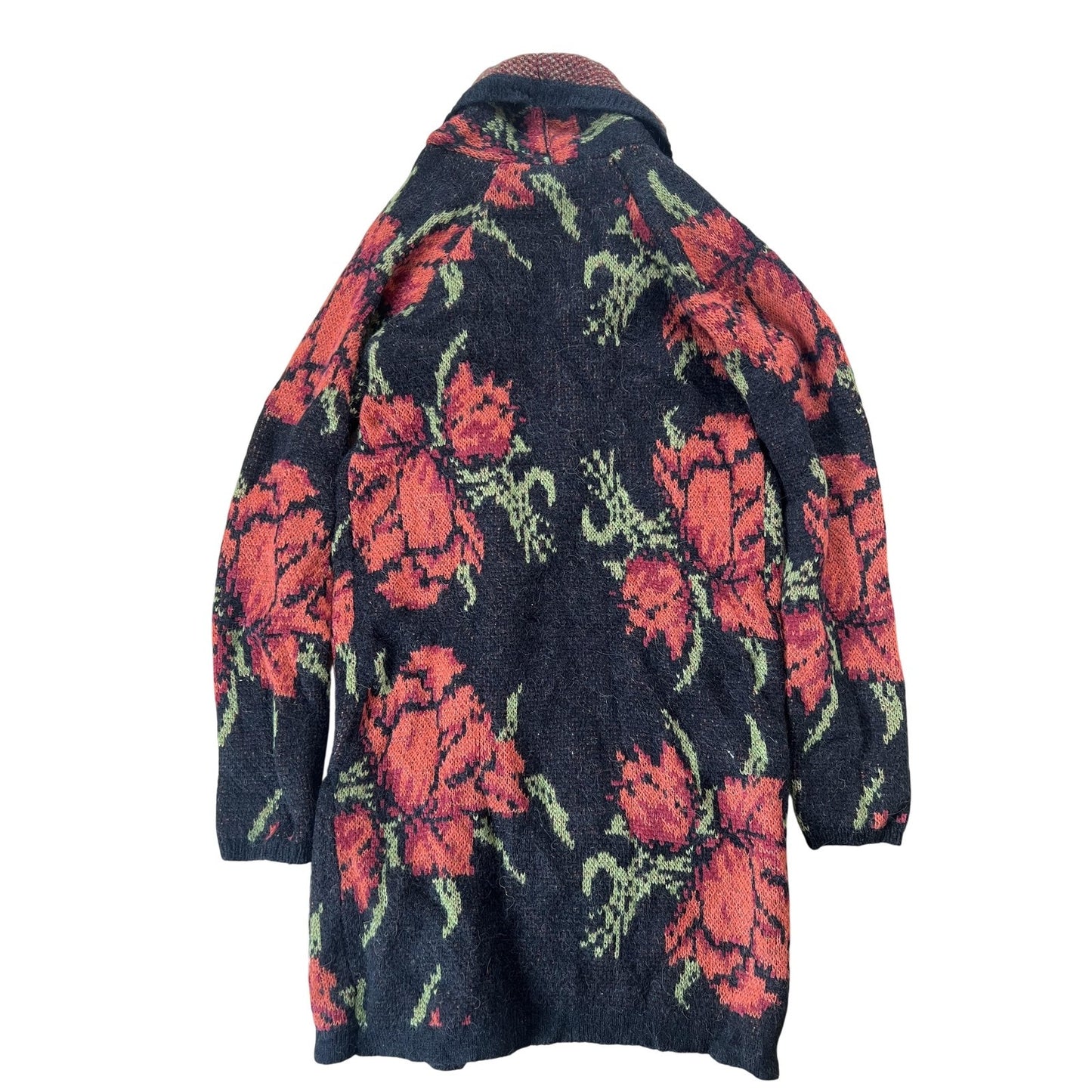 Free People Cardigan Womens S/M Black Open Pockets Oversized Floral Knit Mohair