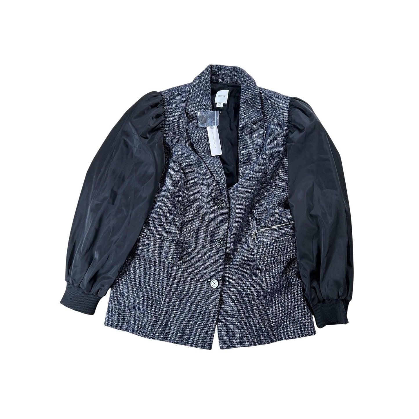 Maeve Blazer Womens 4 Black Tweed Collared Puff Sleeve Pockets Lined Short