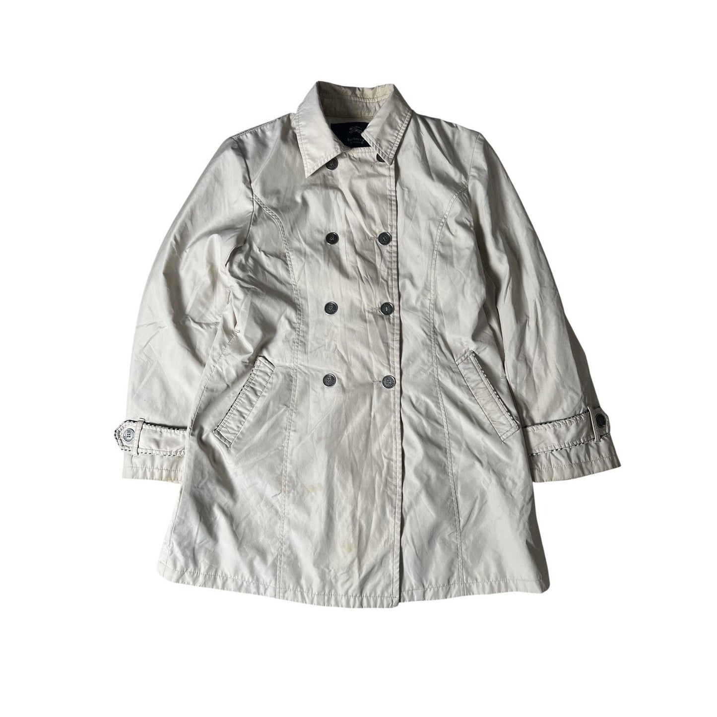 Burberry Coat Womens XL Beige Trench Cotton Twill Lined Pockets Collared