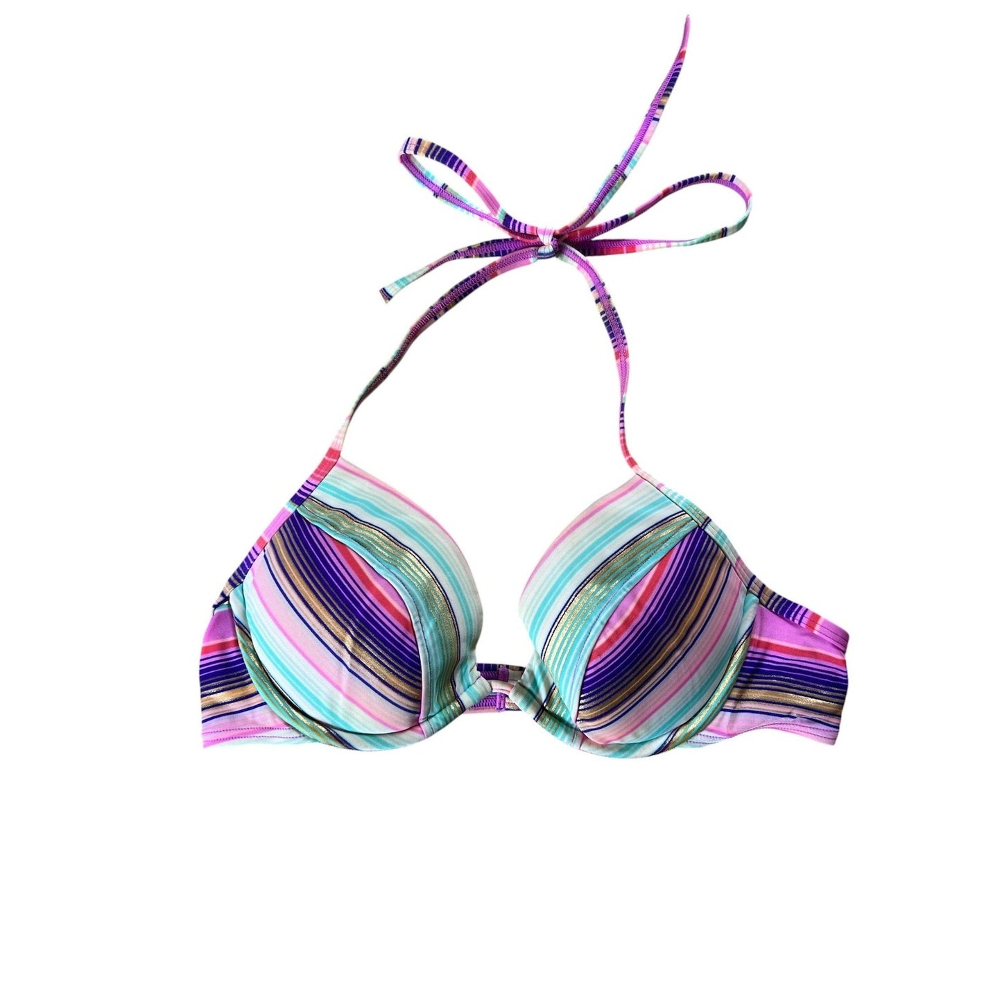 Victoria Secret Striped Bikini Swim Top Womens Medium Halter Padded Swimwear