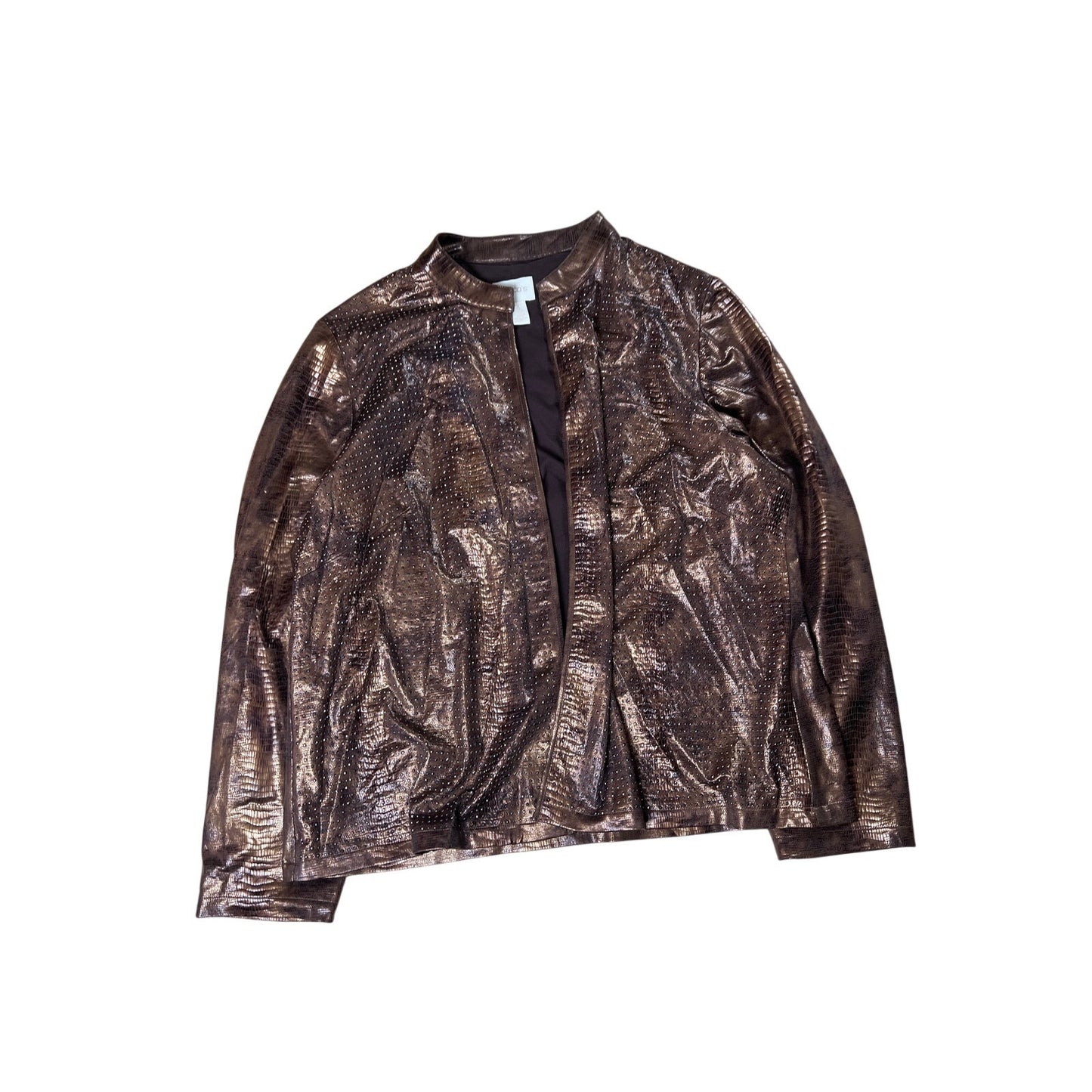 Chico's Faux Snake Skin Studded Blazer Open Front Bronze Brown Size 3